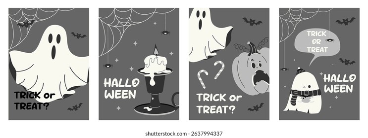 Templates for covers and advertising posters for a Halloween party. Vertical black and white flyers with traditional Halloween symbols: creepy ghost, candle, bats, scary pumpkin, sweets. Flat vector.