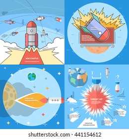Templates for creative presentations, new startup, target hit, space flight