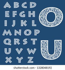 Templates for cutting out letters. Full English alphabet.  May be used for laser cutting. Fancy lace letters. Flower ornament.