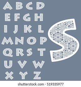 Templates For Cutting Out Letters. Full English Alphabet.  May Be Used For Laser Cutting. Fancy Lace Letters.  Vector.