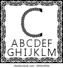 Templates for cutting out letters. Full English alphabet.  May be used for laser cutting. Fancy lace letters. Font isolated white background. A set of symbols in a lacy frame. Part 1. Vector.
