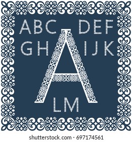 Templates for cutting out letters. Full English alphabet.  May be used for laser cutting. Fancy lace letters. Font isolated blue background. A set of symbols in a lacy frame. Part 1. Vector.