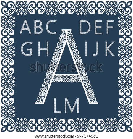 Templates for cutting out letters. Full English alphabet.  May be used for laser cutting. Fancy lace letters. Font isolated blue background. A set of symbols in a lacy frame. Part 1. Vector.