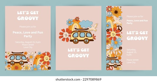 Templates with daisy flowers, retro car and rainbow for groovy party, birthday invitation, flyer, retro poster. Space for text. Vector illustration set.