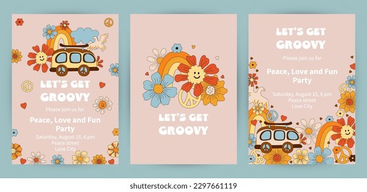 Templates with daisy flowers, retro car and rainbow for groovy party, birthday invitation, flyer, retro poster. Space for text. Vector illustration set.