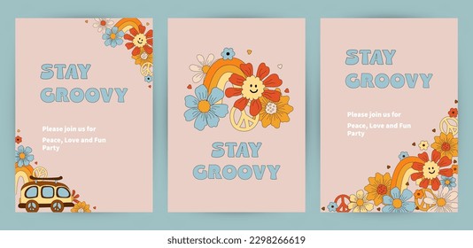 Templates with daisy flowers, retro car and rainbow for groovy party, birthday invitation, flyer, retro poster. Space for text. Vector illustration set.