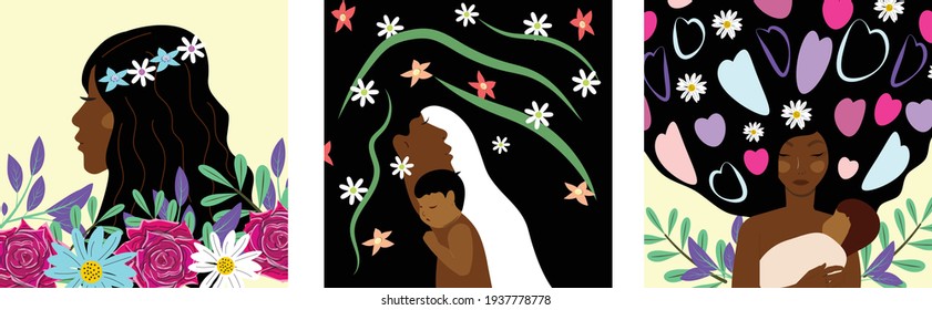 Templates with dark skin female faces with a baby. For banner, cards, advertisements. Vector templates.