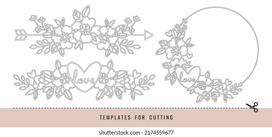 Templates for decoration. Frame and borders with flowers.  Elements for cutting paper, plotter or laser cutting.