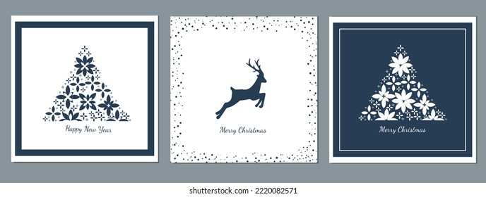 Templates for decorative winter Christmas and New Year cards. Free space for an inscription.Decorative elements deer, Christmas tree