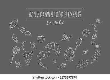 Templates for design with hand drawn linear foods. Design for vegan products, brochures, banner, restaurant menu, farmers market and organic food store. Farmers market invitation poster