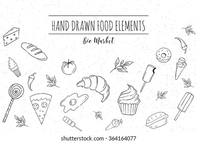 Templates for design with hand drawn linear foods. Design for vegan products, brochures, banner, restaurant menu, farmers market and organic food store. Farmers market invitation poster.
