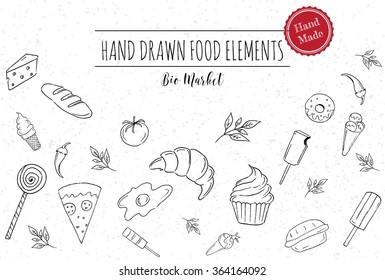 Templates for design with hand drawn linear foods. Design for vegan products, brochures, banner, restaurant menu, farmers market and organic food store. Farmers market invitation poster.