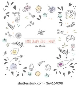 Templates for design with hand drawn linear foods. Design for vegan products, brochures, banner, restaurant menu, farmers market and organic food store. Farmers market invitation poster.