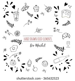 Templates for design with hand drawn linear foods. Design for vegan products, brochures, banner, restaurant menu, farmers market and organic food store. Farmers market invitation poster.