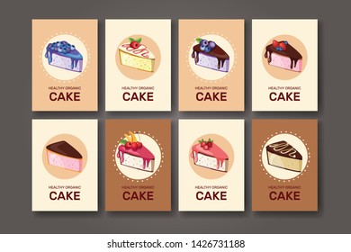 Templates with different kinds of dessert: cake, pie. For your design, announcements, postcards, posters, restaurant menu. Template with different desserts with fruits.