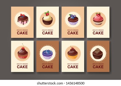 Templates with different kinds of dessert: cake, pie. For your design, announcements, postcards, posters, restaurant menu. Template with different desserts with fruits.