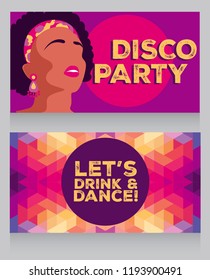 templates for disco party with 80s style lady and geometric ornament, can be used as banner for girls night out,  vector illustration