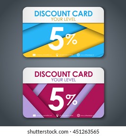   Templates of discount cards in style of material design, yellow, blue, red and violet color. Face value is 5 percent. Vector illustration. Set