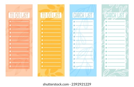 Templates for to do list and check list in pastel colors. Botanical background for planner with leaves and hand drawn lettering