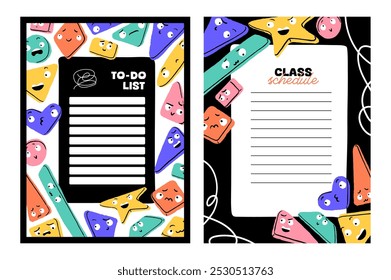 Templates of to do list, planner with pattern of geometric shapes with faces. Design of checklist, sheet of notes, todo card, daily schedule with decor of colored figures. Flat vector illustrations