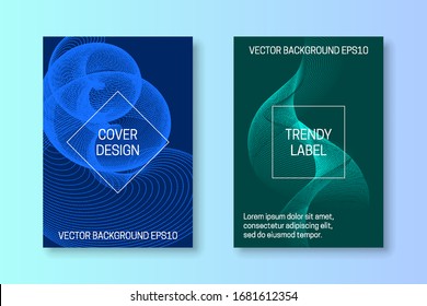 Сover templates with dynamic cyberspace of dots and lines. Blue and turquoise monochrome futuristic brochures or packaging backgrounds design.