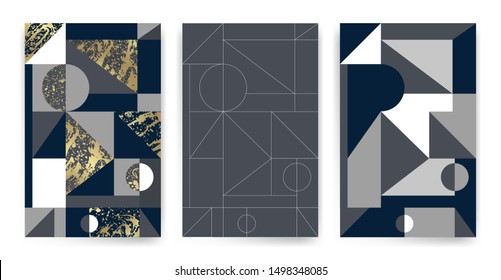 Templates with elegant geometric design. Marble effect texture, golden lines and geometric shapes. Vector pattern design. Suitable for cards, paper, textiles, wrappers, packaging decoration.