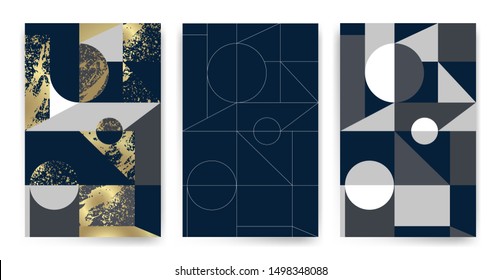 Templates with elegant geometric design. Marble effect texture, golden lines and geometric shapes. Vector pattern design. Suitable for cards, paper, textiles, wrappers, packaging decoration.