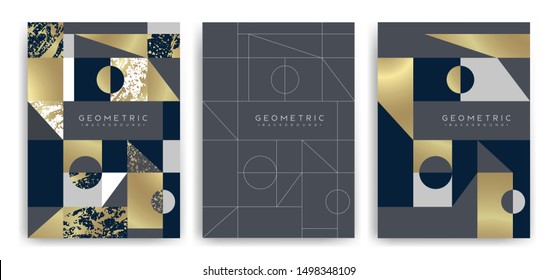 Templates with elegant geometric design. Marble effect texture, golden lines and geometric shapes. Vector pattern design. Suitable for cards, paper, textiles, wrappers, packaging decoration.