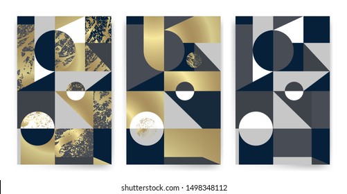 Templates with elegant geometric design. Marble effect texture, golden lines and geometric shapes. Vector pattern design. Suitable for cards, paper, textiles, wrappers, packaging decoration.