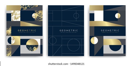 Templates with elegant geometric design. Marble effect texture, golden lines and geometric shapes. Vector pattern design. Suitable for cards, paper, textiles, wrappers, packaging decoration.