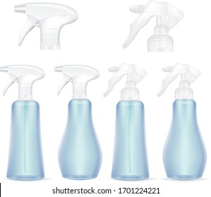 Plantillas de botellas de plástico blanco vacías y limpias con spray. Ilustración vectorial realista.