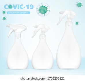 Templates of empty and clean white plastic bottles with spray. Realistic Vector Illustration.