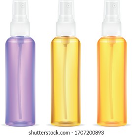 Templates of empty and clean white plastic bottles with spray. Realistic Vector Illustration.