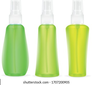 Templates of empty and clean white plastic bottles with spray. Realistic Vector Illustration.