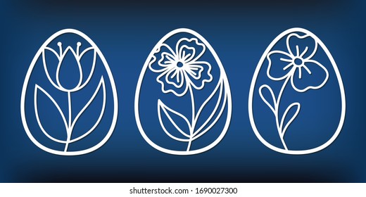 Vorlagen für Blumeneier zum Laserschneiden. Stift für Osterdekor. Vektorgrafik im Papierstil. 