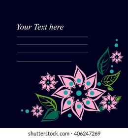 Templates with flowers on a dark background. Abstract flowers and leaves. Vector card.