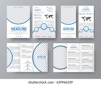 Templates of flyers, brochures of standard size for business with blue elments and a semi-circle for photo. Corporate style. Vector illustration