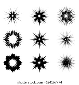 Templates in the form of blots with divergent sharp rays. Abstract spots for creating various effects, logos.