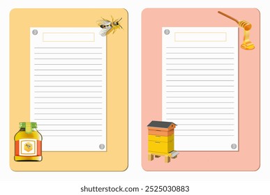 Templates of forms for recording culinary recipes honey farming. Vector illustration