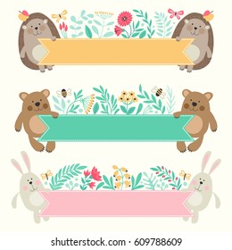 Templates and frames for headers. Set of illustrations with wild animals. Cartoon style