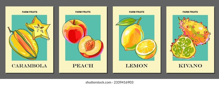 Plantillas con frutos. Carambola, melocotón, limón, kiwi. Juego de afiches. Arte para postales, arte mural, banner, fondo, etiquetas, cubiertas, etiquetas de precio, empaque. Ilustración vectorial.