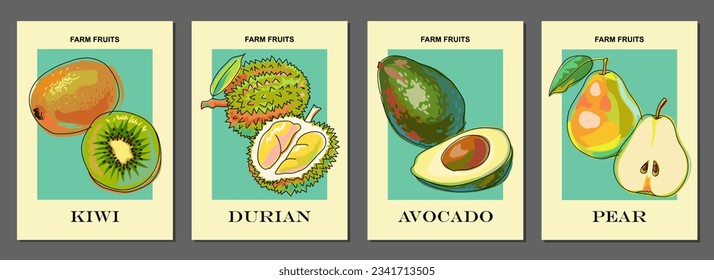 Templates with fruits. Kiwi, durian, avocado, pear. Set of posters. Art for postcards, wall art, banner, background, labels, covers, price tags, packaging. Vector illustration.