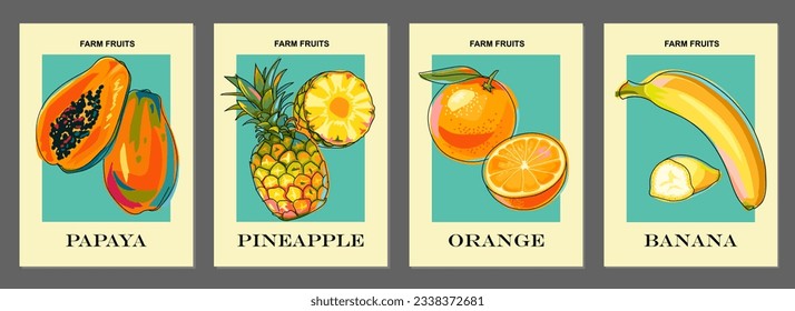 Vorlagen mit Früchten. Papaya, Banane, Orange, Ananas. Satz Poster. Kunst für Postkarten, Tapete, Banner, Hintergrund, Etiketten, Cover, Preisschilder, Verpackung. Vektorgrafik.