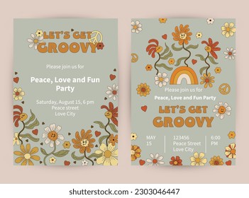 Plantillas con ricas flores de margarita bailando para fiestas de novios, invitación de cumpleaños, volante, afiche retro. Espacio para texto. Ilustración vectorial.