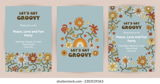 Templates with funny dancing daisy flowers for groovy party, birthday invitation, flyer, retro poster. Space for text. Vector illustration.