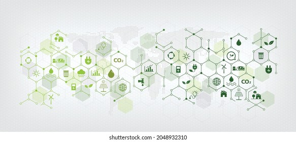 Templates And Geometric Green Business Background For Sustainability Concept. Links Related To Environmental Protection With Flat Icon