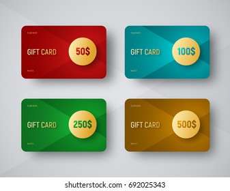 Templates of gift cards with a gold circle for face value. Design of vouchers with colored triangular abstract elements. Vector illustration. Set