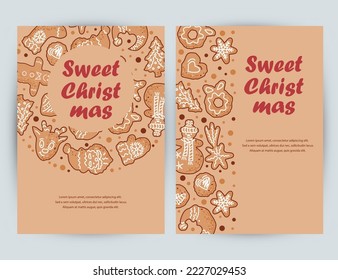 Templates with gingerbread cookies for Holiday Baking Party, Invitation for Cookie decoration celebration, Cookie exchange, Christmas greeting card. Place for text. Vector illustration.