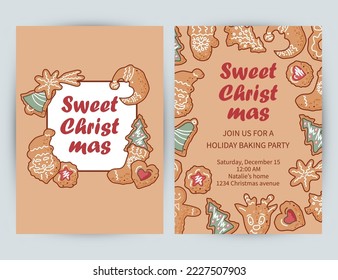 Templates with gingerbread cookies for Holiday Baking Party, Invitation for Cookie decoration celebration, Cookie exchange, Christmas greeting card. Place for text. Vector illustration.