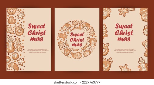 Templates with gingerbread cookies for Holiday Baking Party, Invitation for Cookie decoration celebration, Cookie exchange, Christmas greeting card. Place for text. Vector illustration.